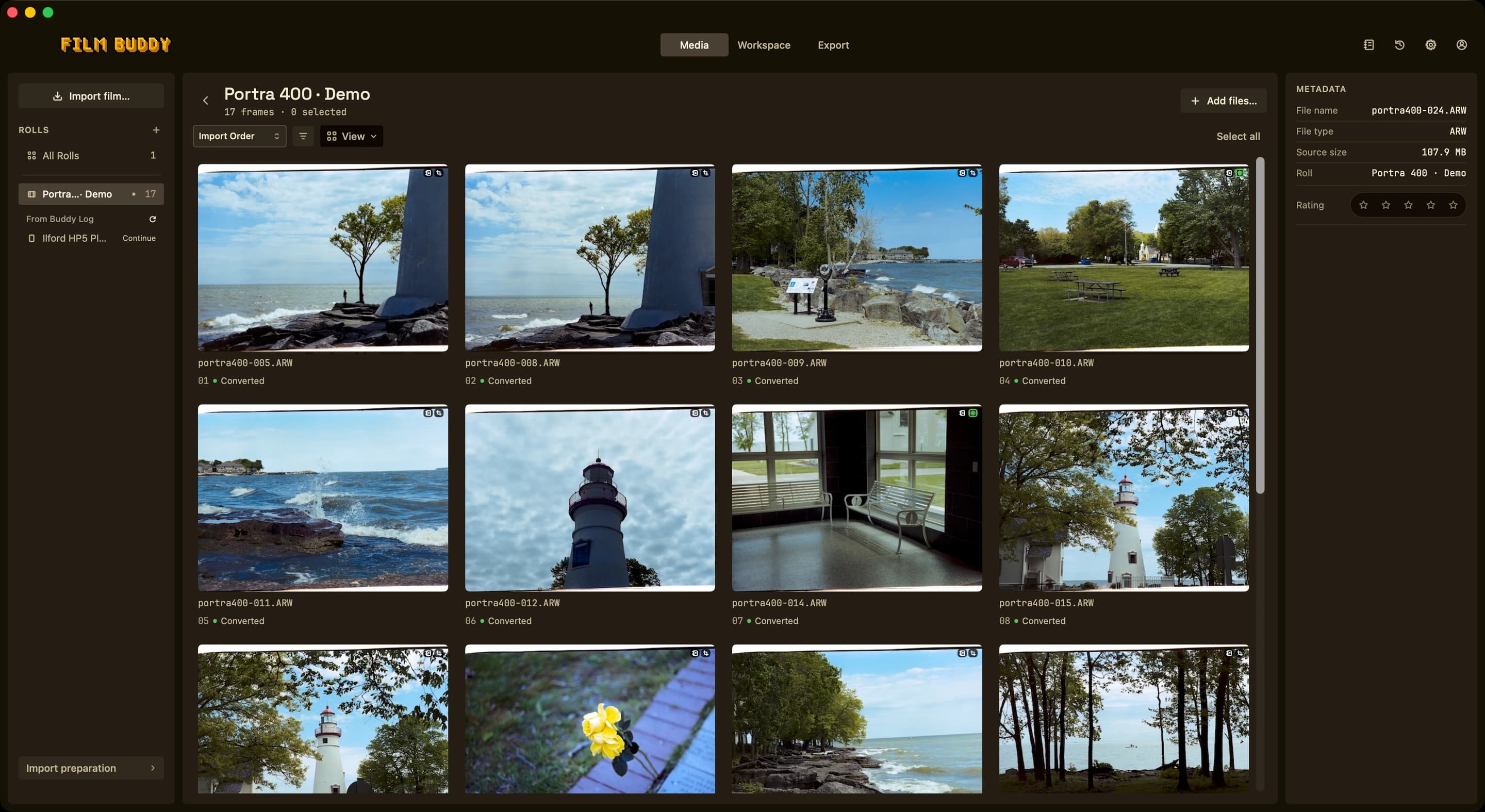 Film Buddy Media showing the populated Portra 400 demo roll, photograph thumbnails, and metadata.