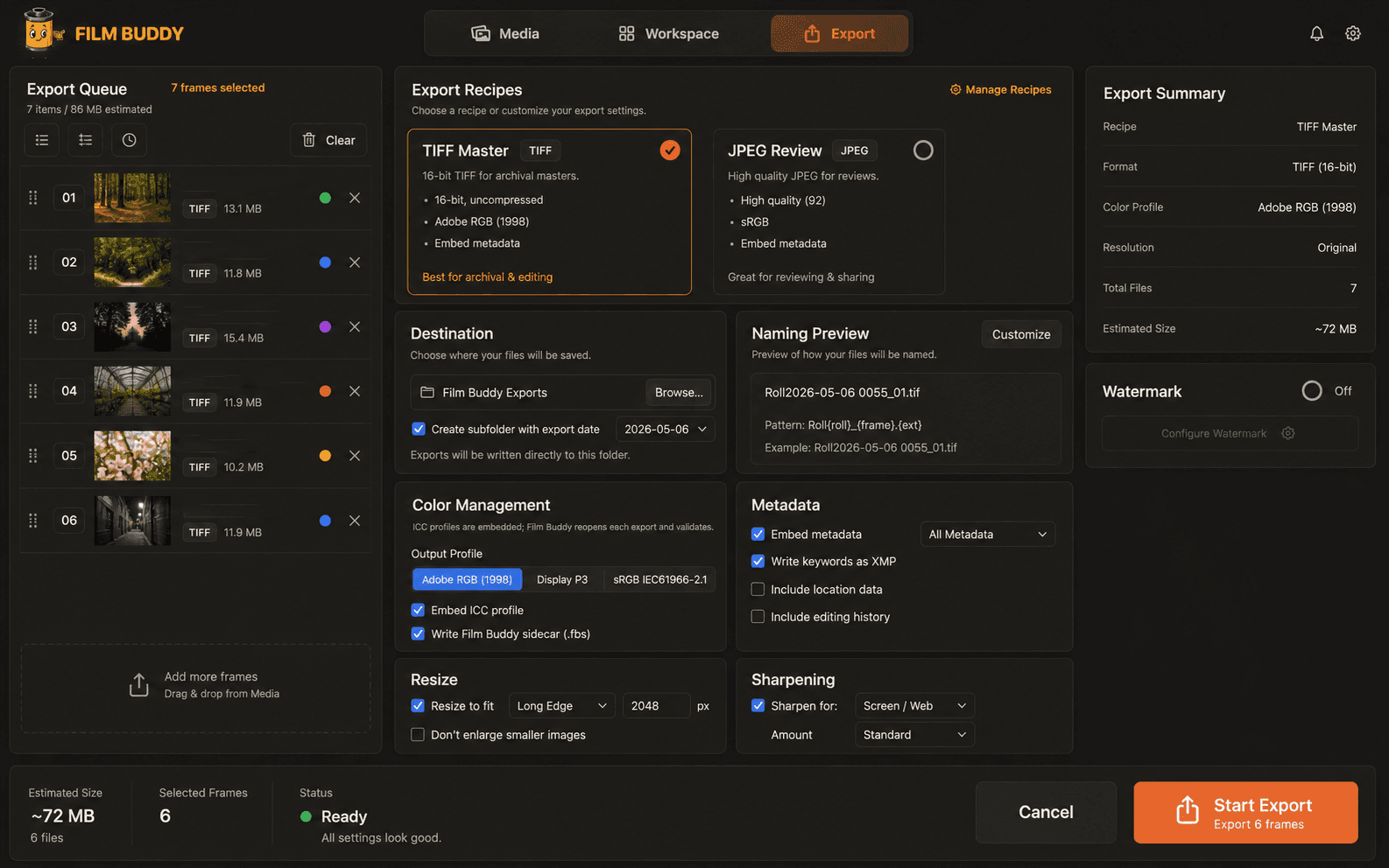 Film Buddy export queue with TIFF recipe and color management options