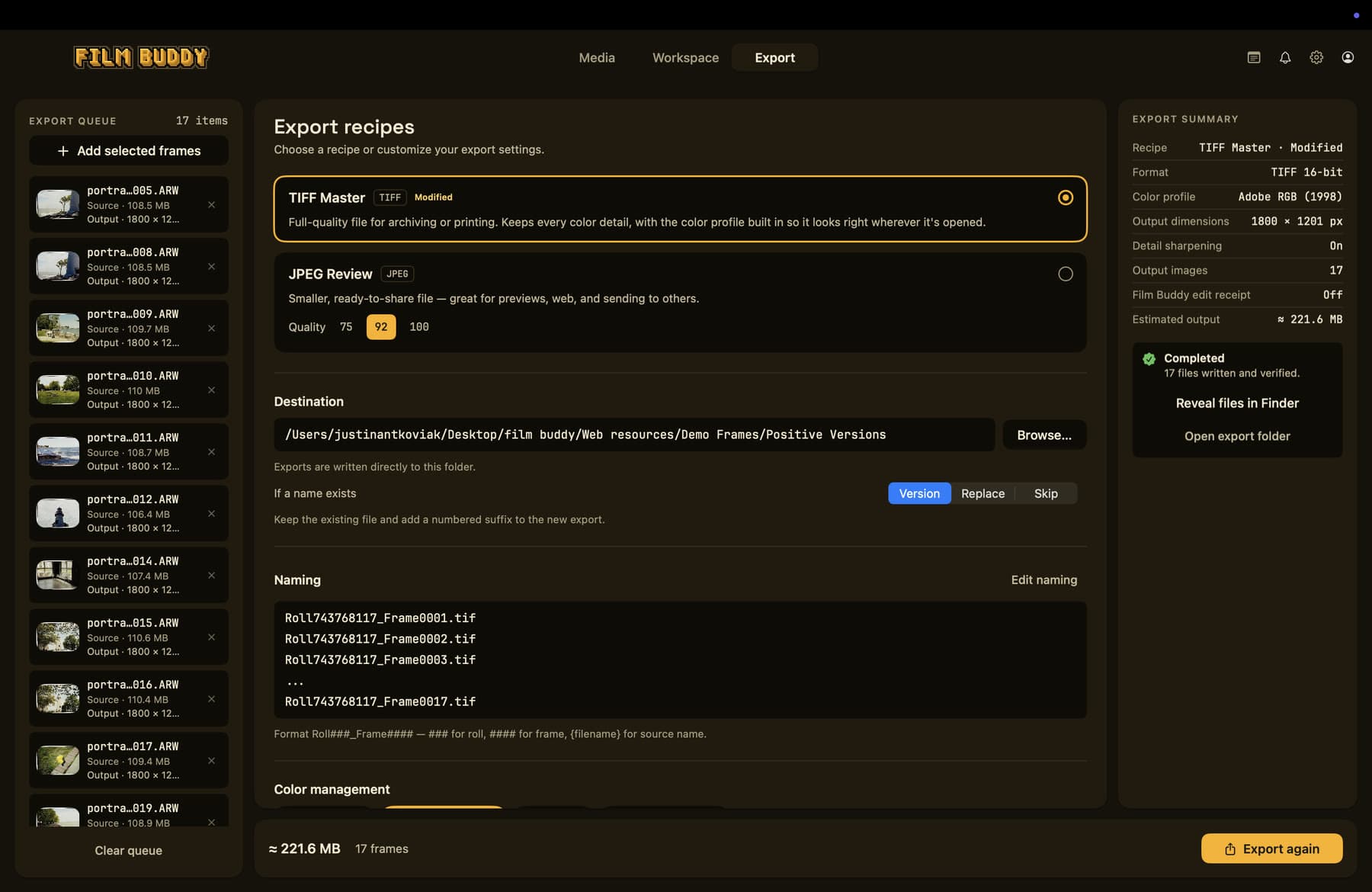 Film Buddy Export view with completed frames and export settings
